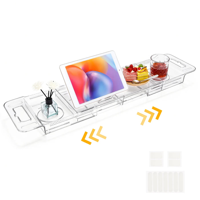 Expandable Transparent PET Bathtub Caddy Tray – Adjustable Bath Shelf with Cup Holders