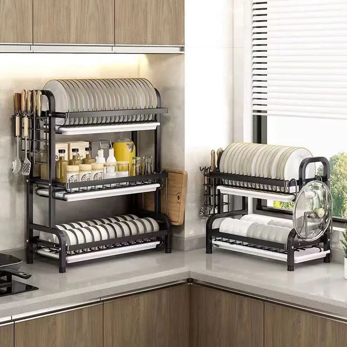 2/3-Tier Stainless Steel Dish Rack with Utensil Holder — Compact Rustproof Countertop Drainer