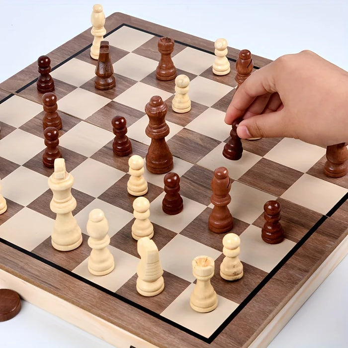 Wooden Folding Chess & Checkers Set — Portable Table Game with 2 Extra Queens, Beginner Friendly