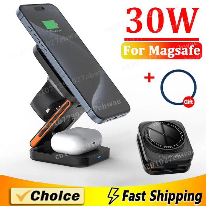 3‑in‑1 Foldable Magnetic Fast Wireless Charger Stand for iPhone 12–17, Apple Watch & AirPods