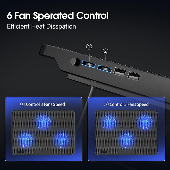 15.6–17.3 inch Laptop Cooling Pad — 6 Quiet Fans, 7-Position Adjustable Stand & Phone Holder