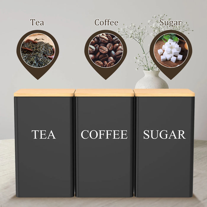 3‑Piece 1 L Coffee, Tea & Sugar Canisters with Airtight Bamboo Lids — Metal Storage Jars