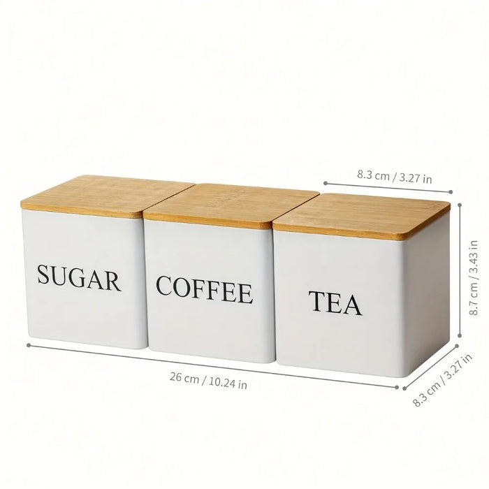 Set of 3 Metal Canisters with Bamboo Lids — 500ml (Coffee, Tea, Sugar)