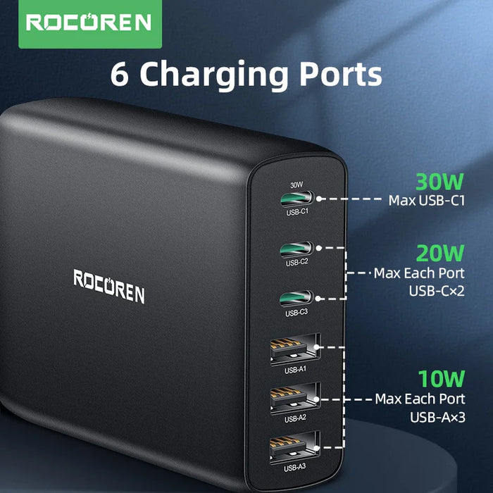 100W GaN 6‑Port Desktop Charger — 3×USB‑C (PD) + 3×USB‑A, 1.5m Cable