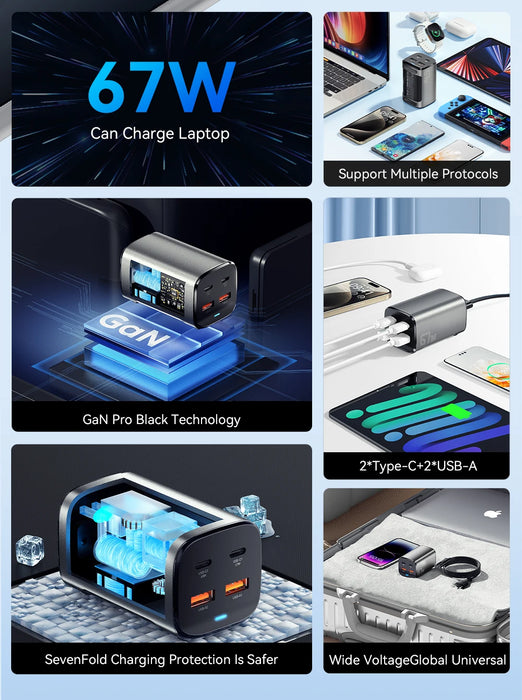 67W GaN USB‑C Desktop Charger — PD/QC Fast Charging, 2C+2A Ports for MacBook, Samsung, iPhone 15