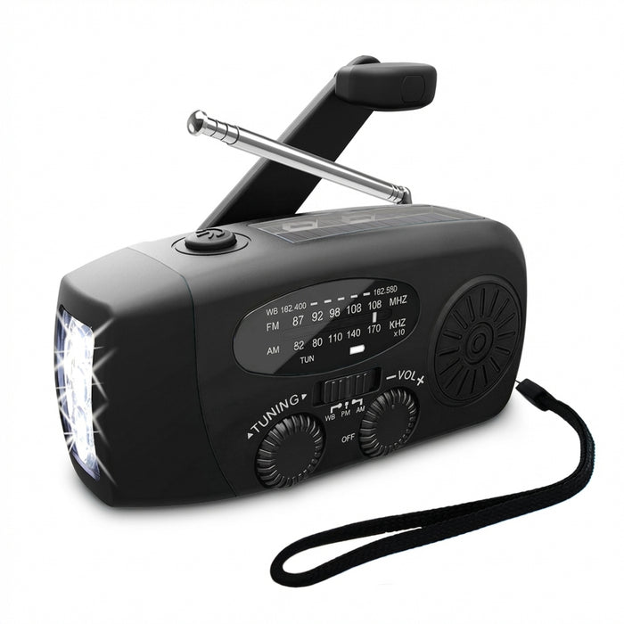 Mini Solar Crank Radio — AM/FM & 7‑Channel NOAA, USB Phone Charger, 3‑LED Torch, Waterproof