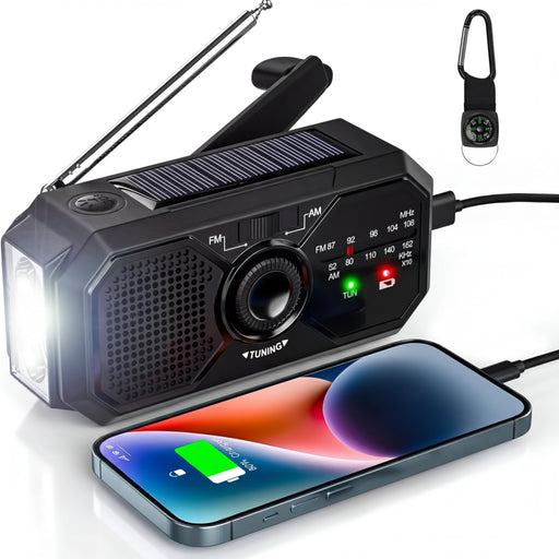 Portable Solar Emergency AM/FM Radio with Hand Crank, USB-C Charger and Torch