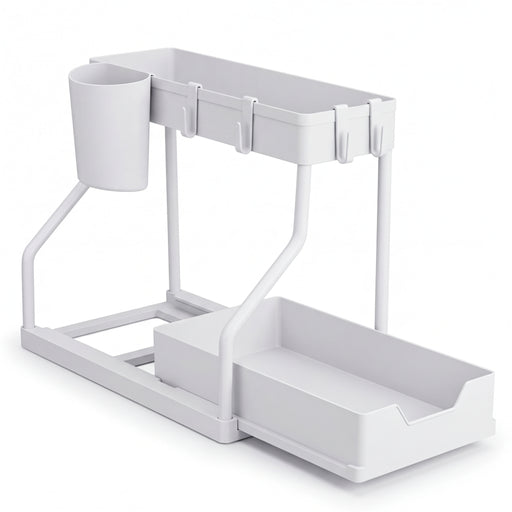 2-Tier Pull-Out Drawer Organiser — Foldable Plastic Storage for Kitchen & Bathroom