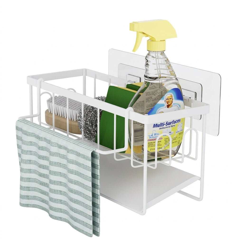 Kitchen Sponge Holder with Removable Rag Rack & Adhesive Mount — Carbon Steel Sink Caddy