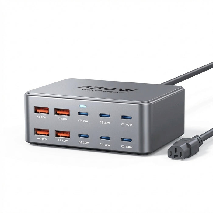 330W GaN 10‑Port USB Charger — 2×100W USB‑C, PD3.0/PPS/QC3.0, for MacBook Pro & iPhone 15/16