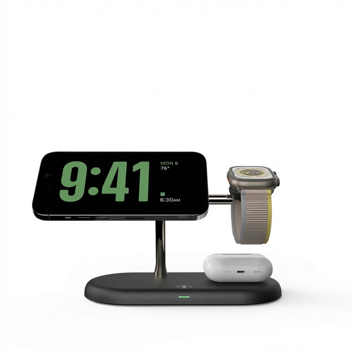 3-in-1 Magnetic Wireless Charger Stand for iPhone 12–17, Apple Watch Series 4–10 & AirPods (Qi)