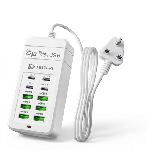 6x USB-A & 4x USB-C Multi‑Plug USB Charger with 1.2m Cord — EU/UK/US