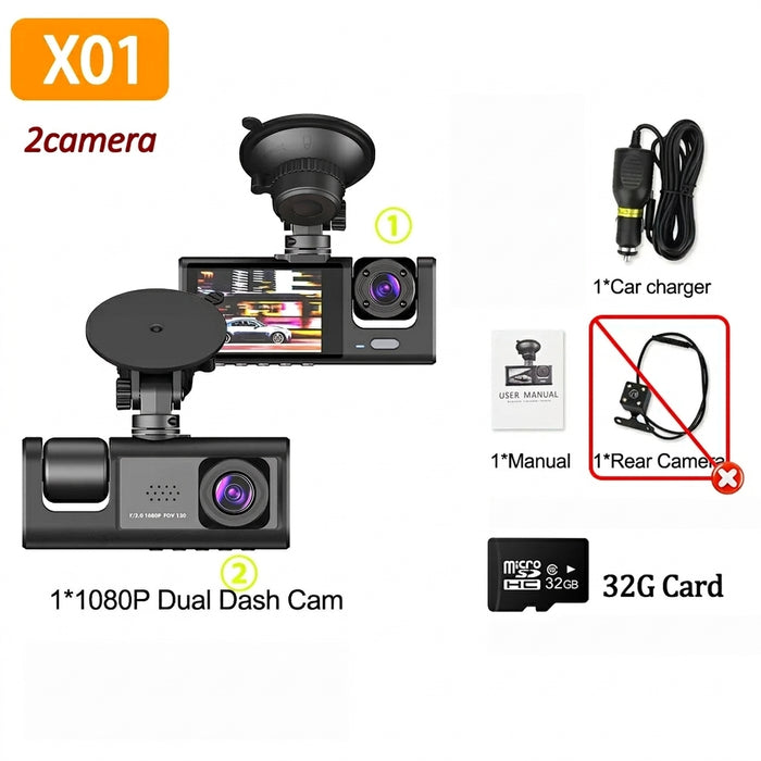 1080P Car Dash Cam — 2/3‑Channel Front, Inside & Optional Rear Camera with Night Vision