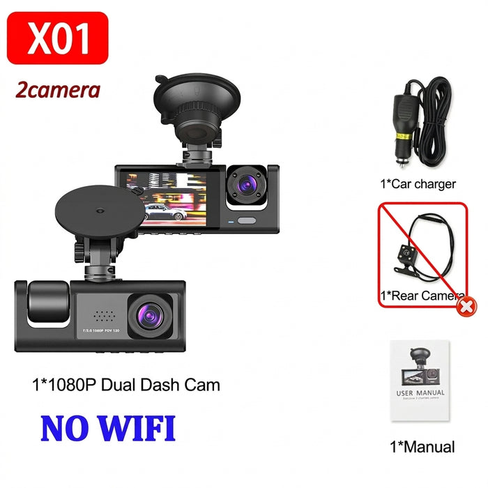 1080P Car Dash Cam — 2/3‑Channel Front, Inside & Optional Rear Camera with Night Vision