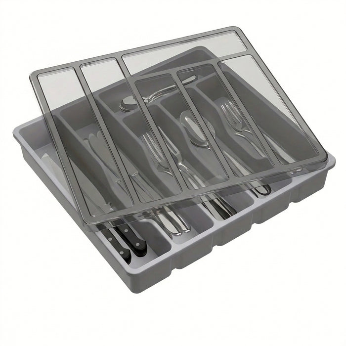 Covered Cutlery Organiser — 6-Compartment Silverware Tray with Washable Lid (PP)