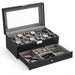 2-Tier Watch Box with Glass Lid — Holds 12 Watches, Lockable Drawer