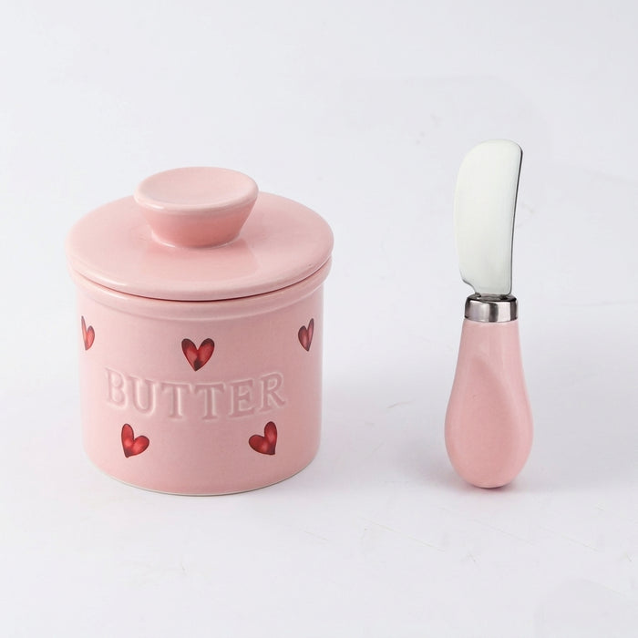 1-piece Pink Ceramic Butter Crock with Lid and Knife – French-style Porcelain Butter Dish