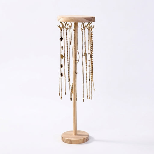 Wooden Jewellery Organiser Tower — 12 or 18 Golden Hooks, Round Base
