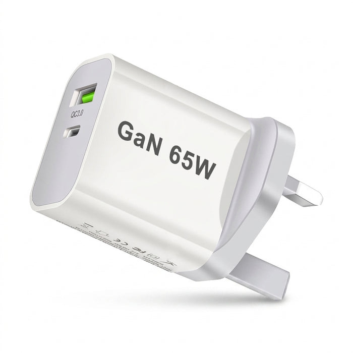 65W GaN USB‑C PD 3.0 2‑Port Wall Charger — USB‑A + USB‑C, White (UK/EU/US/AU plugs)