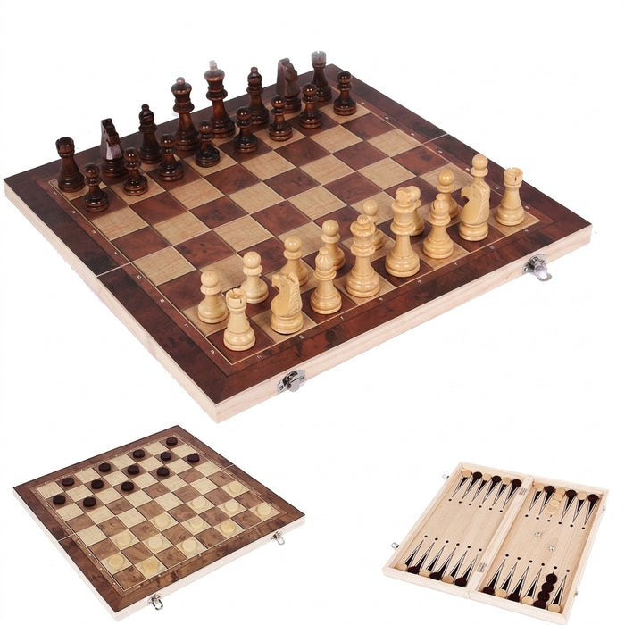 3-in-1 Wooden Travel Games Set – Chess, Checkers & Backgammon (Five Sizes)