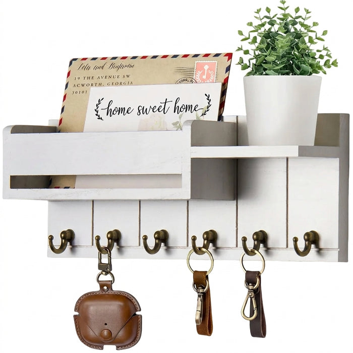 Rustic Wooden Key Rack & Mail Organiser — 6 Hooks with Shelf
