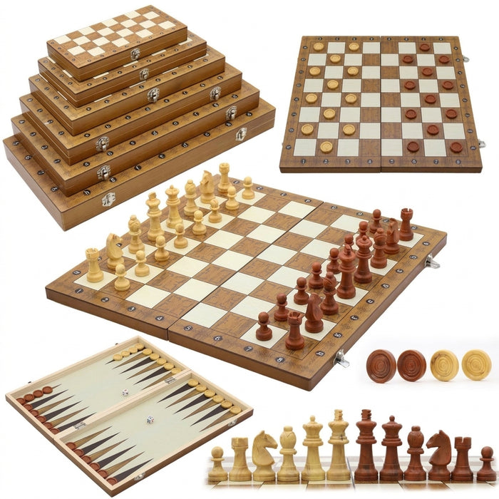 3‑in‑1 Foldable Wooden Travel Board — Chess, Checkers & Backgammon