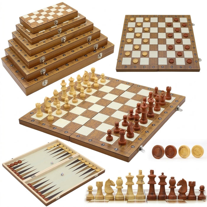 3‑in‑1 Foldable Wooden Travel Board — Chess, Checkers & Backgammon