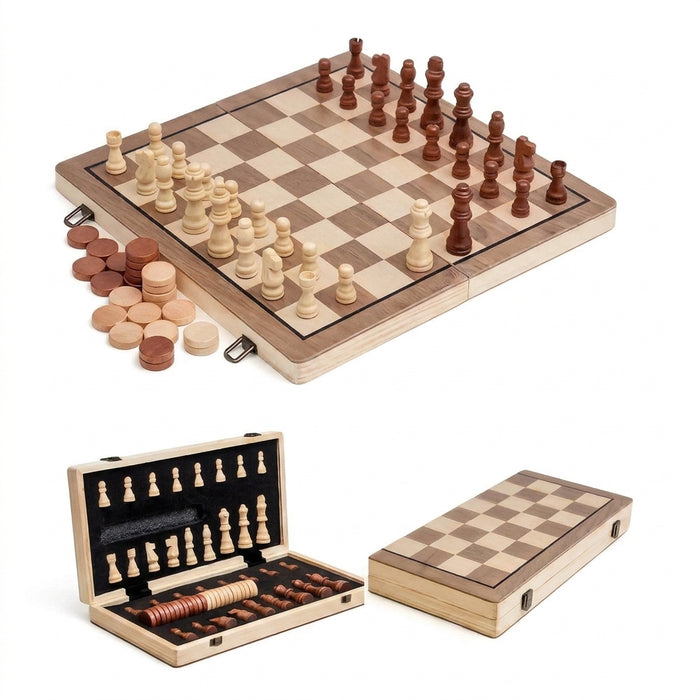 Wooden Folding Chess & Checkers Set — Portable Table Game with 2 Extra Queens, Beginner Friendly