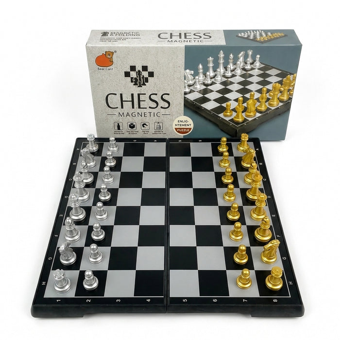 19 x 19cm Folding Magnetic Chess Set — Gold & Silver with Carry Box