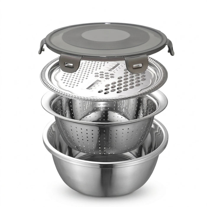 4-in-1 Stainless Steel Mixing Bowl Set – Grater Lid, Colander & Airtight Cover (Stovetop Safe)